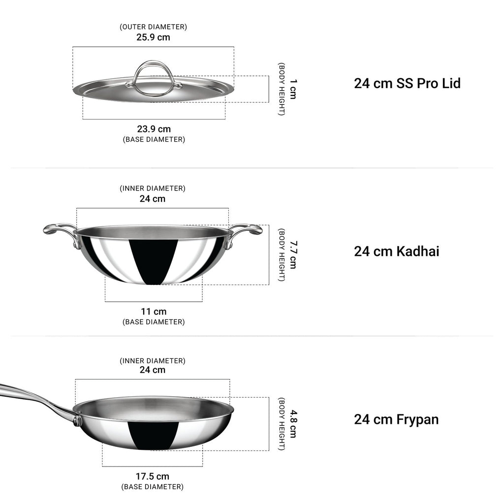 Stahl Artisan Triply Combo – Kadhai 24cm + Fry Pan 24cm + SS Pro Lid (24cm)