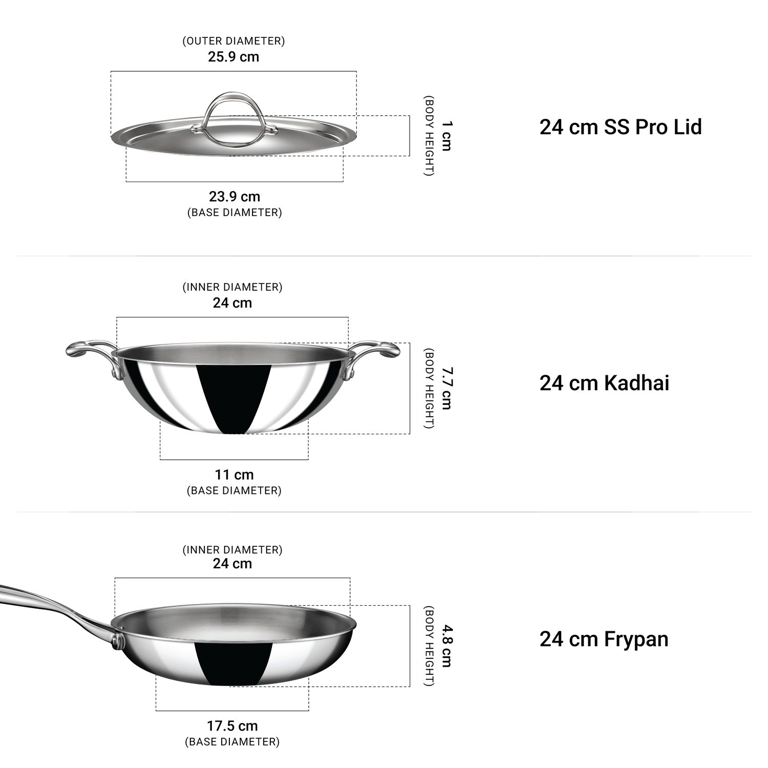 Stahl Artisan Triply Combo – Kadhai 24cm + Fry Pan 24cm + SS Pro Lid (24cm)