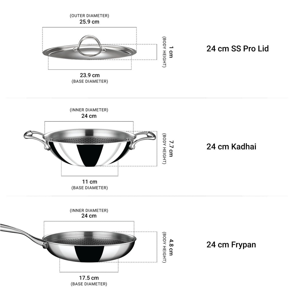 Stahl Artisan Hybrid Combo – Kadhai 24cm + Fry Pan 24cm + SS Pro Lid (24cm)