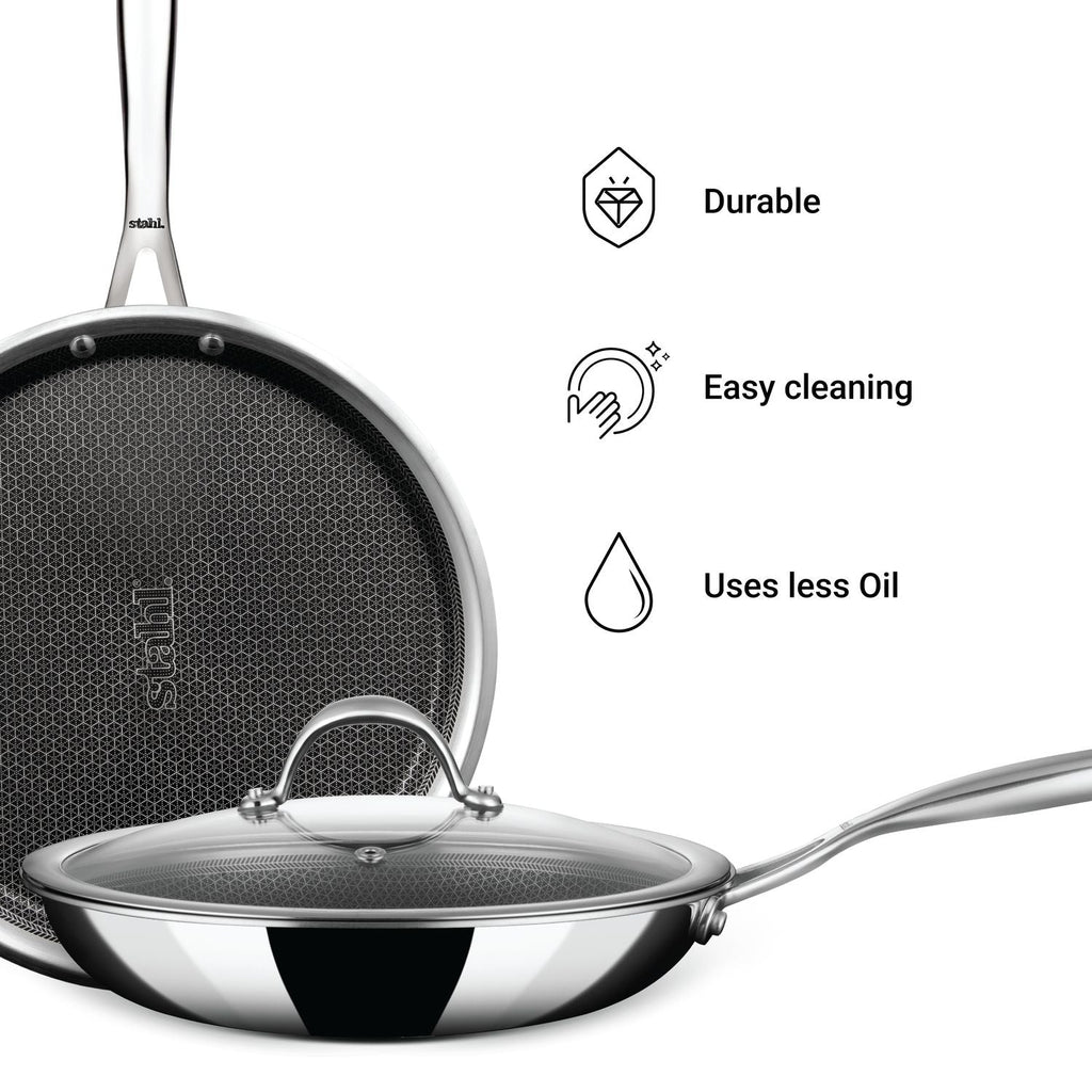 Stahl Artisan Hybrid Combo – Dosa Tawa 28cm + Fry Pan 24cm + Glass Lid (24cm)
