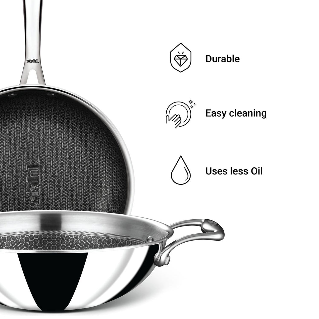 Stahl Artisan Hybrid Combo – Kadhai 24cm + Fry Pan 24cm + SS Pro Lid (24cm)