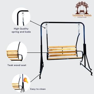 Vachheta Naresh 2-Seater Indoor & Outdoor Swing - Natural Wooden Polished (50kg) | Upper Pipe Swing Jhula for Home and Blacony with Sturdy Stand | Strong 300 Kg Capacity Heavy Metal Swing