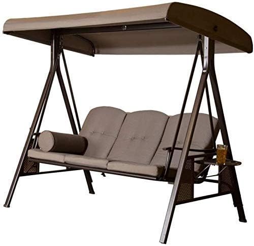 Low Carbon Steel 3 Seater Garden Swing Seat Outdoor Canopy Cushioned Bench- Brown, 127 Centimeters, 188 Centimeters (Brown)