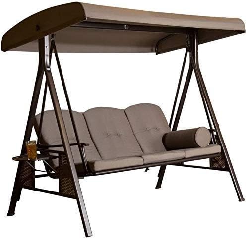 Low Carbon Steel 3 Seater Garden Swing Seat Outdoor Canopy Cushioned Bench- Brown, 127 Centimeters, 188 Centimeters (Brown)