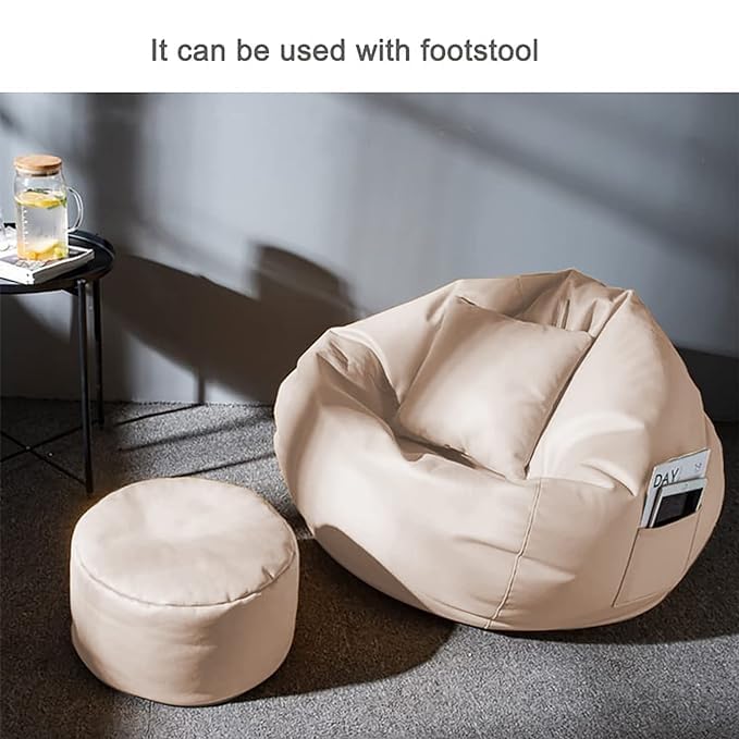 INSTER Combo of Bean Bag Cover with Footrest and Cushion Only (Without Filling) Faux Leather Bean Bag Chair Couch Cover Seat Lazy Sofa (4XL, Cream)