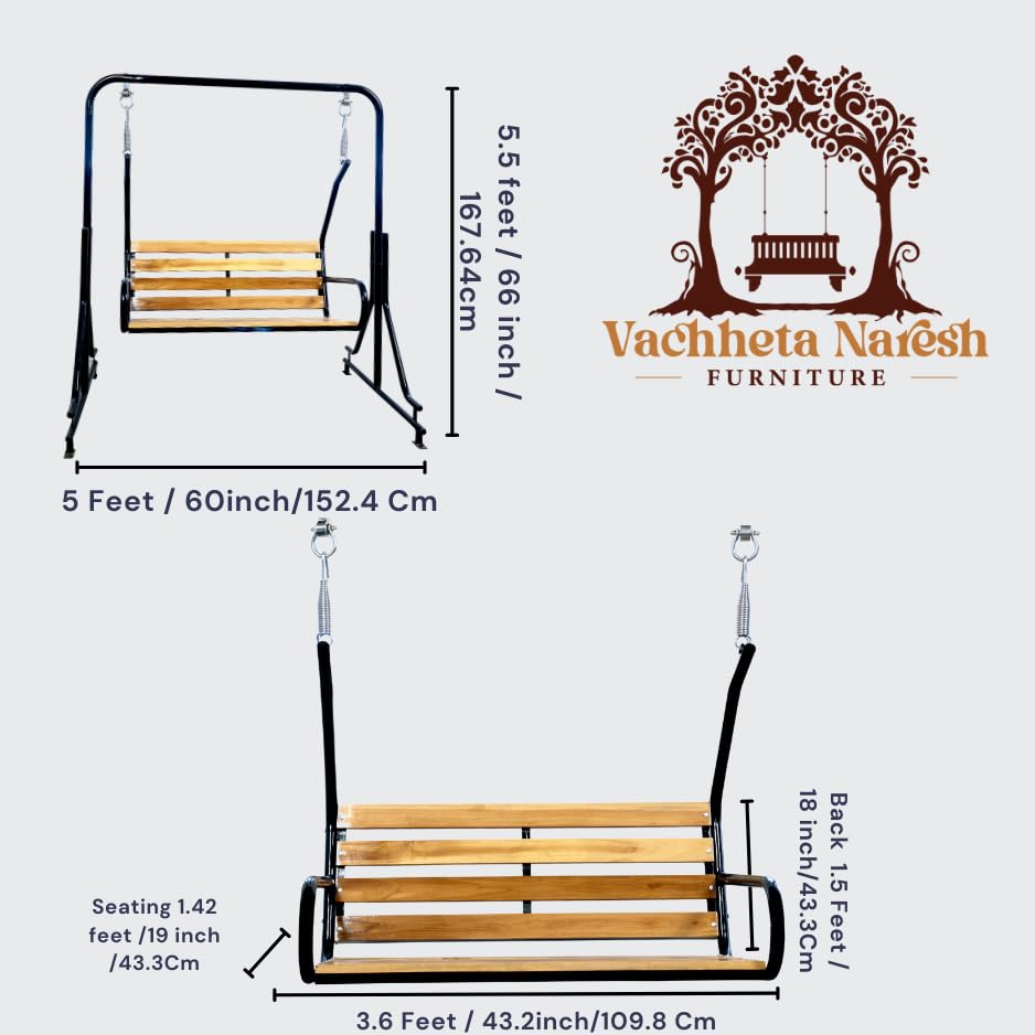 Vachheta Naresh 2-Seater Indoor & Outdoor Swing - Natural Wooden Polished (50kg) | Upper Pipe Swing Jhula for Home and Blacony with Sturdy Stand | Strong 300 Kg Capacity Heavy Metal Swing