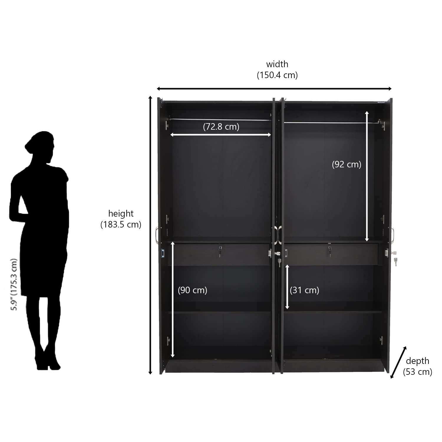 Nilkamal Riva 4 Door Wooden Wardrobe With Mirror for Bedroom | Almirah with 2 Hanging Rods, 6 Shelves, 2 Lockable Drawers | Clothes Cupboard | Engineered Wood | New Wenge