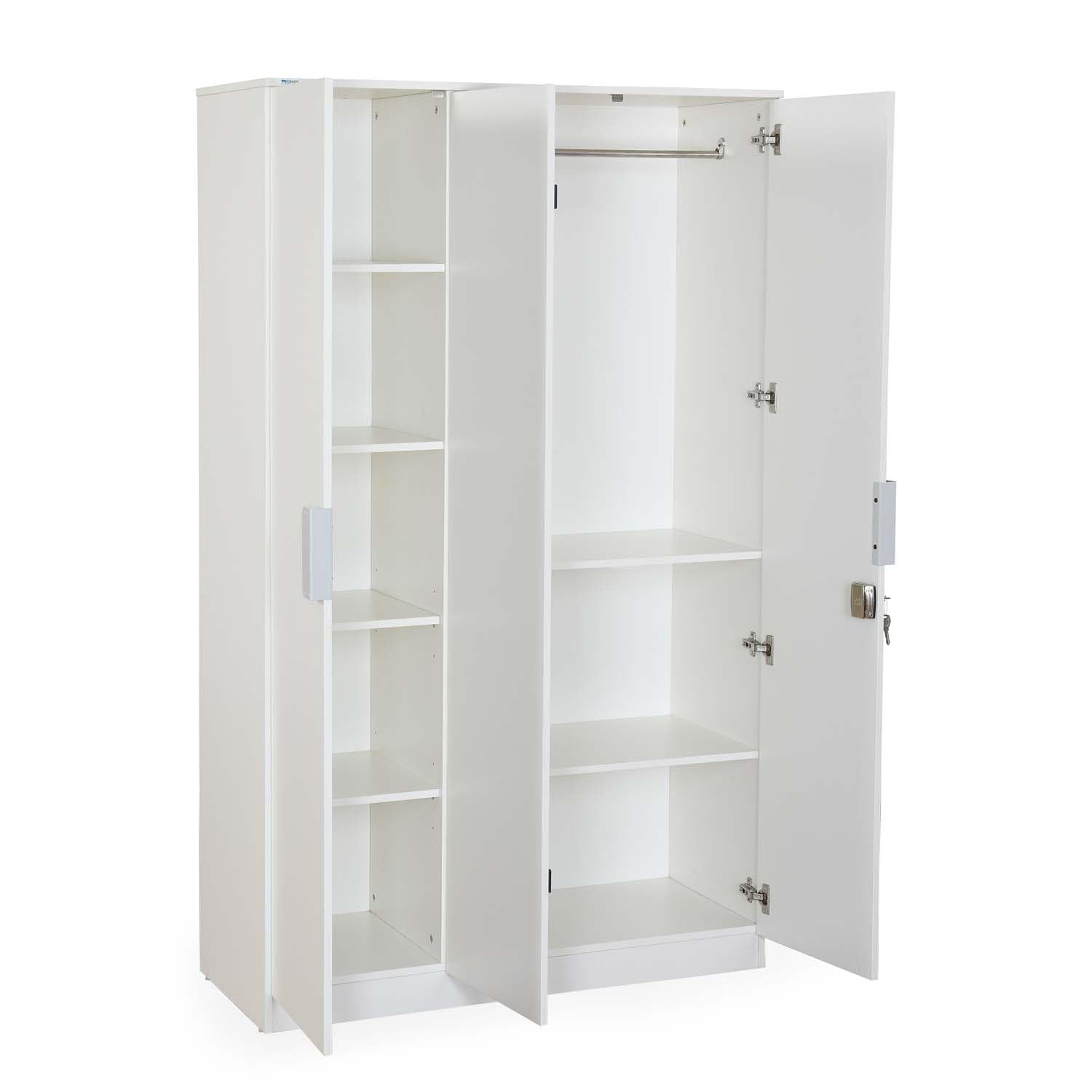Nilkamal Joyce 3 Door Wooden Wardrobe for Bedroom | Almirah with 8 Shelves & 1 Hanging Rod | Clothes Cupboard | Engineered Wood | Frosty White