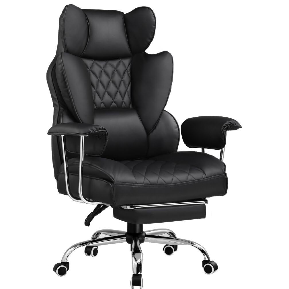 GTPLAYER Big and Tall Office Chair, High Back PU Leather Gaming Chair with Footrest, Executive Ergonomic Office Chair with Pocket Spring Lumbar Support and with Outward Fixed Soft Armrests (Black)