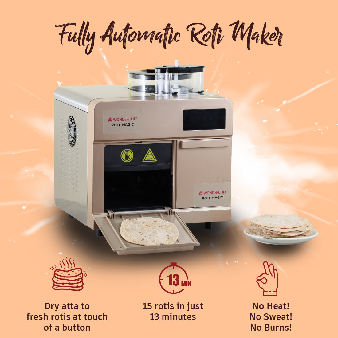 Roti Magic, Fully Automatic Electric Roti Maker Machine for Homemade Hot Fresh Rotis, Dough Kneading, Rolling and Baking, Easy to Use, 12+ rotis in 15 mins, 2-Yr Warranty