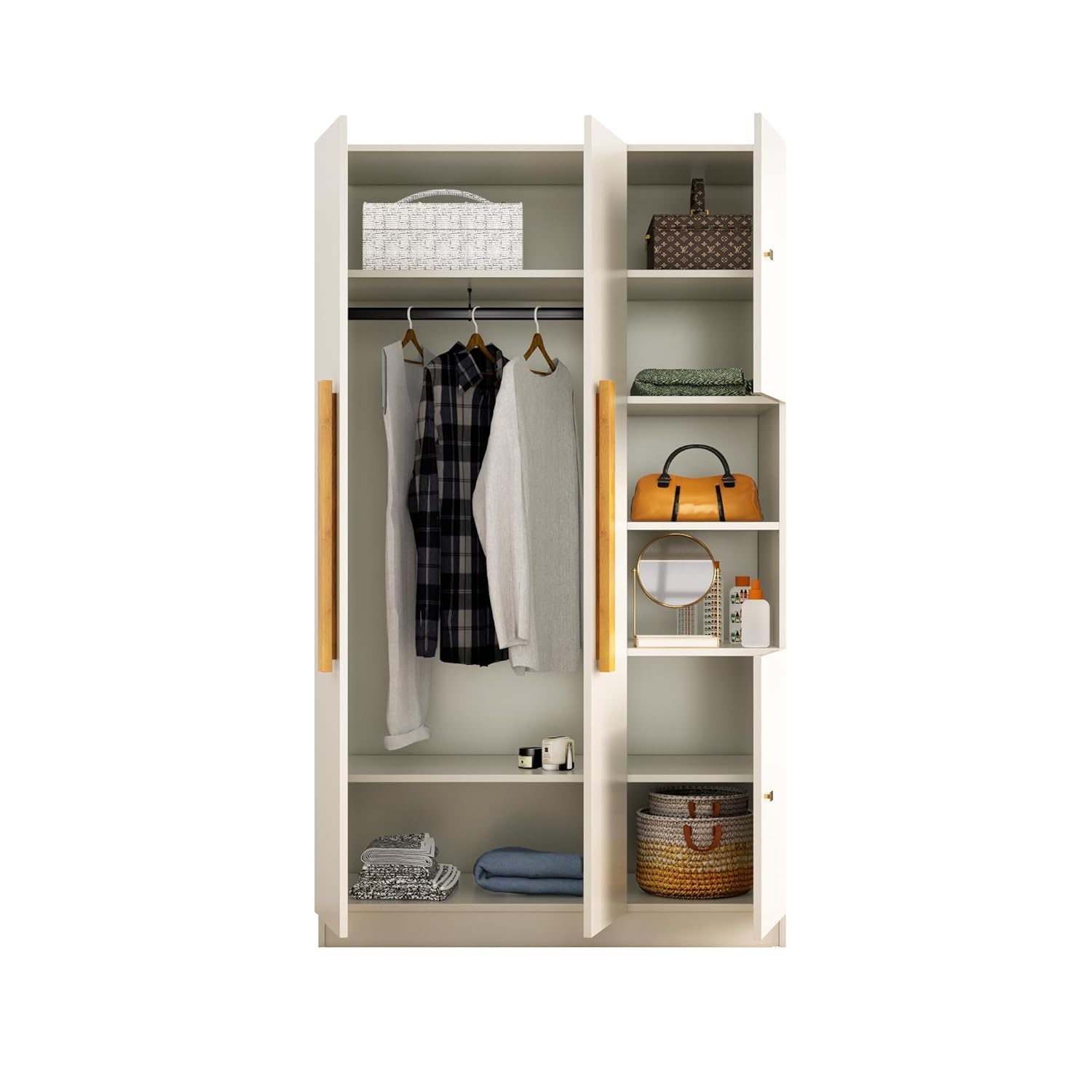 Bniture Wooden Almirah for Clothes, Door for Bedroom, 4 Door Wardrobe with Hanging Space (50D x 105W x 180H CM) |3 Year Warranty (Frosty White)