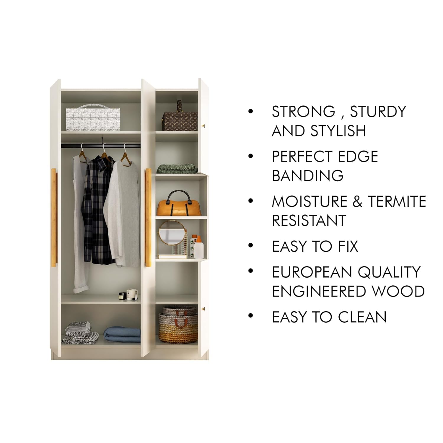 Bniture Wooden Almirah for Clothes, Door for Bedroom, 4 Door Wardrobe with Hanging Space (50D x 105W x 180H CM) |3 Year Warranty (Frosty White)