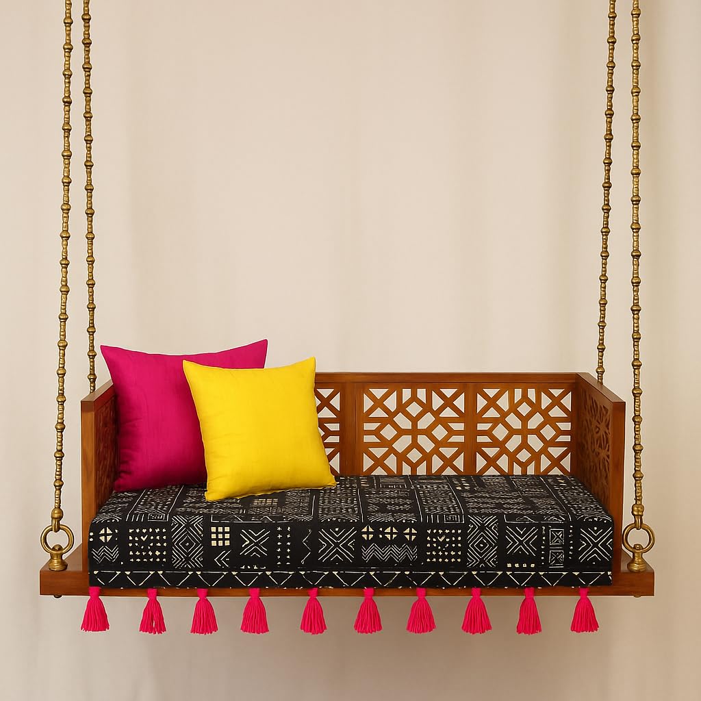 Black Tribal Wooden Swing Seat Cover with Tassels | 4 Ft Indian Jhoola Bench Cover for Indoor Outdoor Swing | Solid Wood Swing Jhula Cover for Courtyard, Verandah, Balcony, Living Room Decor