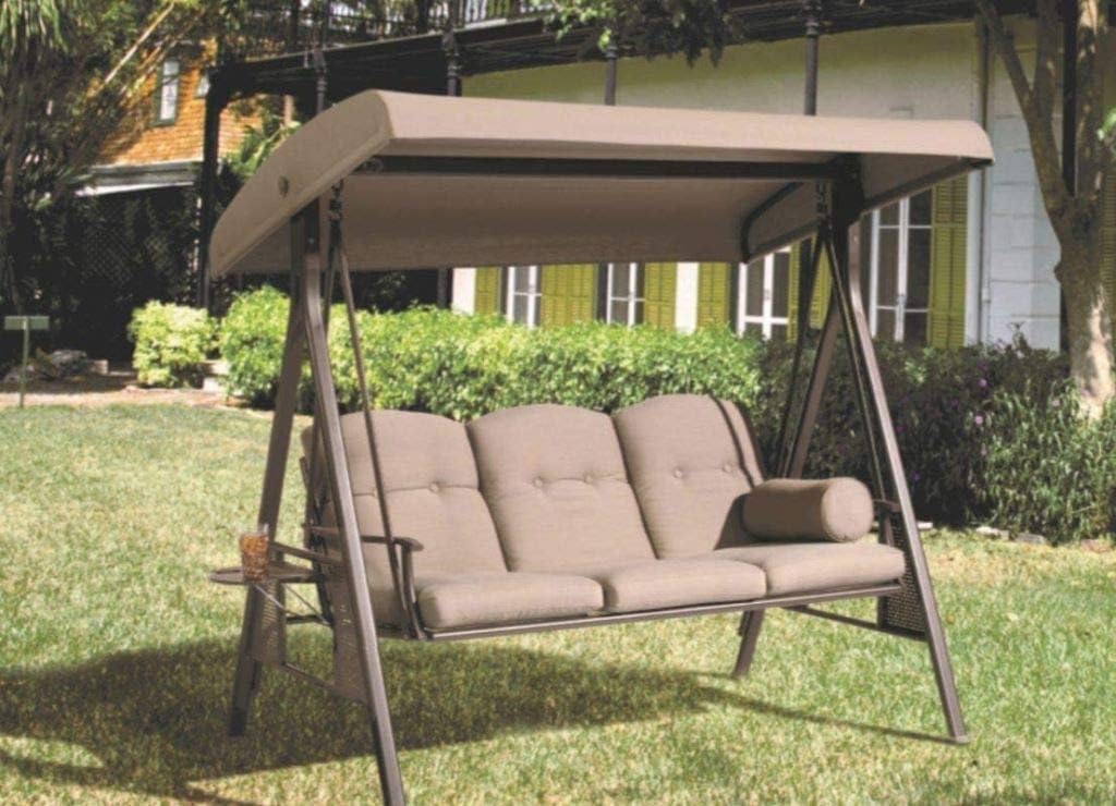 Low Carbon Steel 3 Seater Garden Swing Seat Outdoor Canopy Cushioned Bench- Brown, 127 Centimeters, 188 Centimeters (Brown)