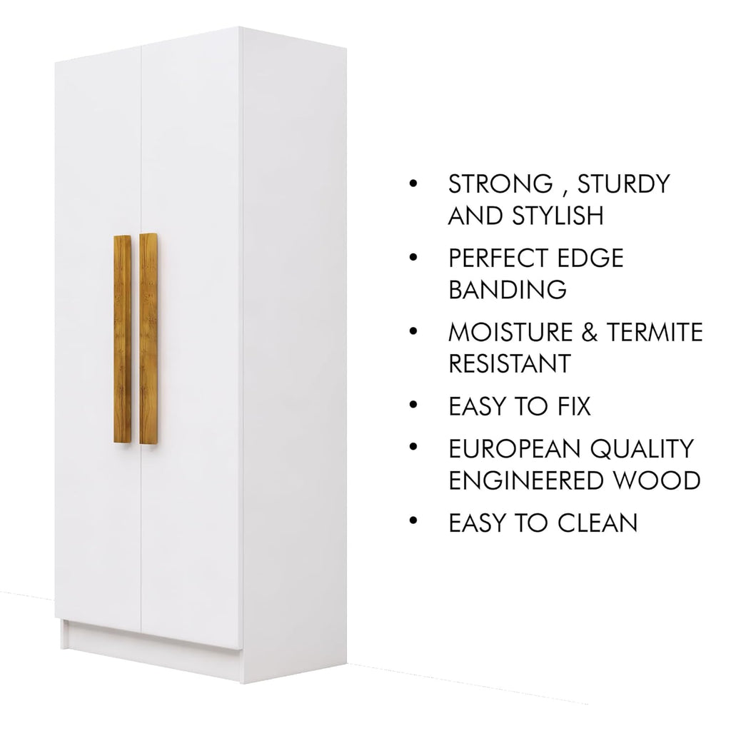 Bniture 2 Door Wooden Wardrobe for Bedroom | Almirah for Clothes with 4 Shelves, Engineered Wood Wardrobe for Clothes | Cupboard for Bedroom (46D x 80W x 182H CM) | 3 Years Warranty (Frosty White)