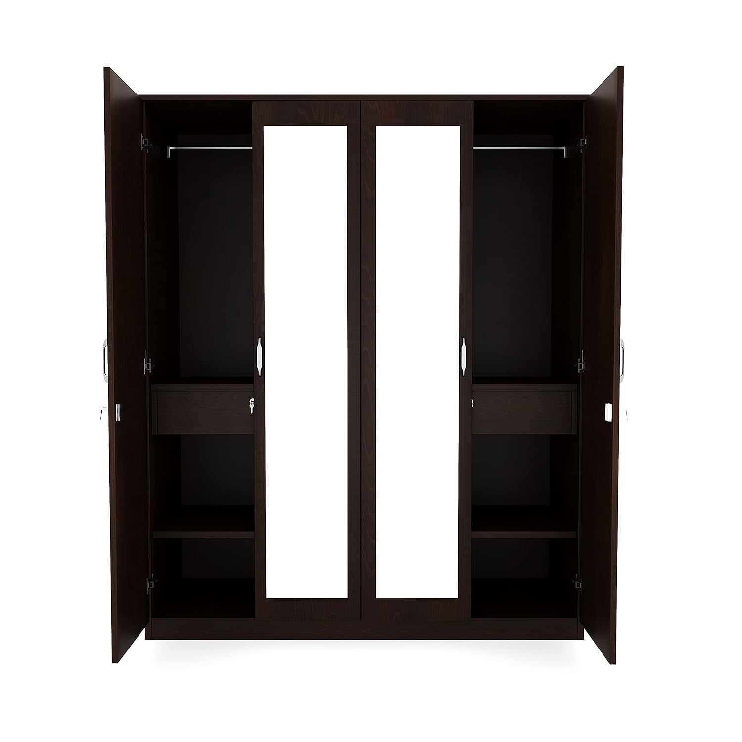 Nilkamal Riva 4 Door Wooden Wardrobe With Mirror for Bedroom | Almirah with 2 Hanging Rods, 6 Shelves, 2 Lockable Drawers | Clothes Cupboard | Engineered Wood | New Wenge