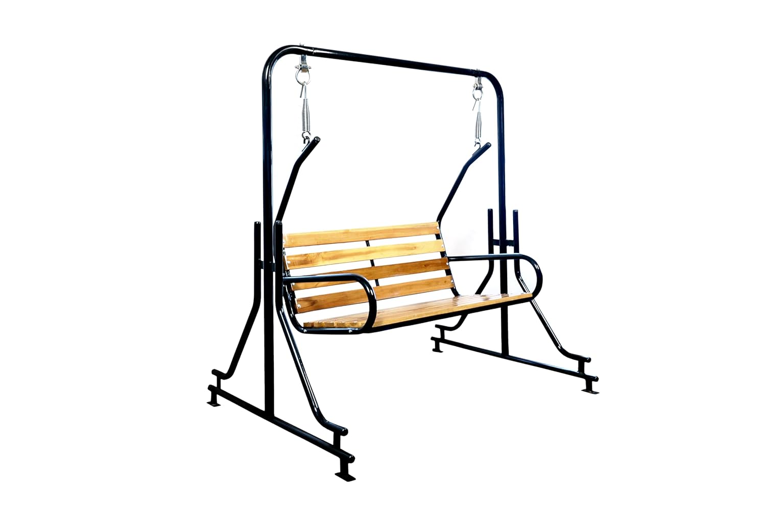 Vachheta Naresh 2-Seater Indoor & Outdoor Swing - Natural Wooden Polished (50kg) | Upper Pipe Swing Jhula for Home and Blacony with Sturdy Stand | Strong 300 Kg Capacity Heavy Metal Swing