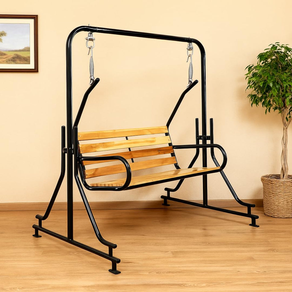 Vachheta Naresh 2-Seater Indoor & Outdoor Swing - Natural Wooden Polished (50kg) | Upper Pipe Swing Jhula for Home and Blacony with Sturdy Stand | Strong 300 Kg Capacity Heavy Metal Swing