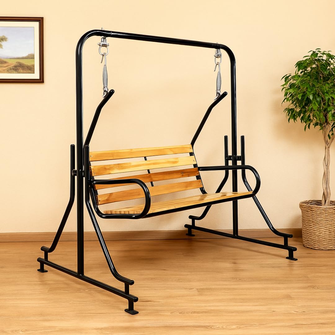 Vachheta Naresh 2-Seater Indoor & Outdoor Swing - Natural Wooden Polished (50kg) | Upper Pipe Swing Jhula for Home and Blacony with Sturdy Stand | Strong 300 Kg Capacity Heavy Metal Swing