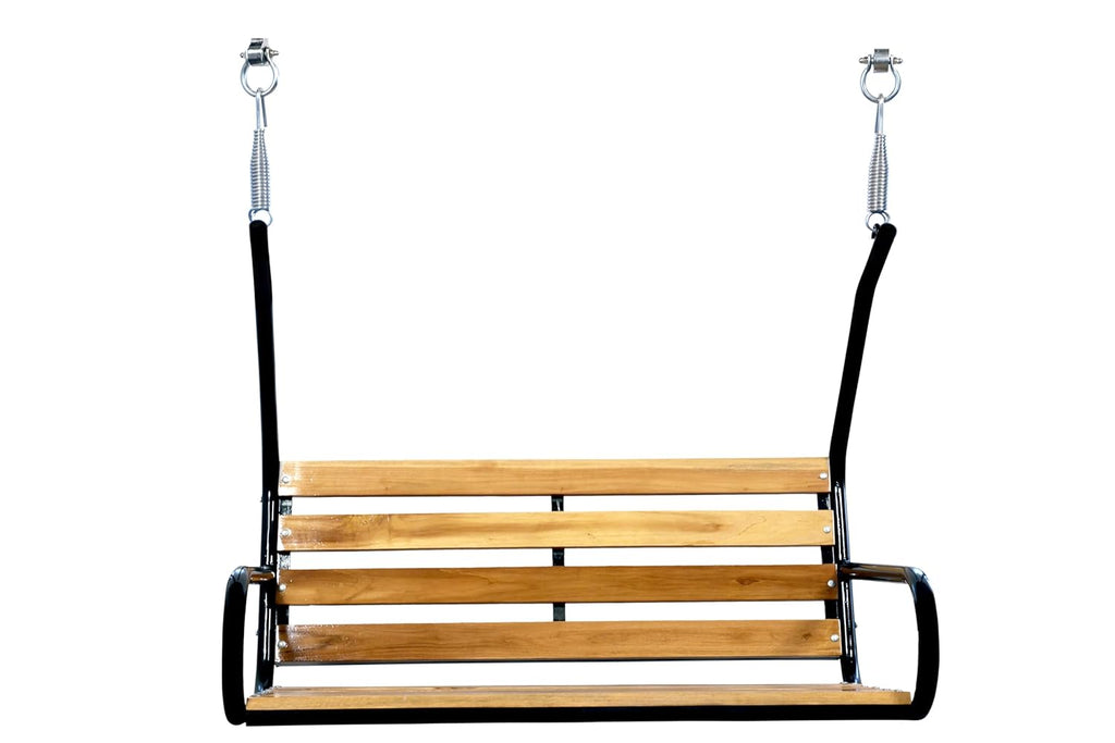 Vachheta Naresh 2-Seater Indoor & Outdoor Swing - Natural Wooden Polished (50kg) | Upper Pipe Swing Jhula for Home and Blacony with Sturdy Stand | Strong 300 Kg Capacity Heavy Metal Swing