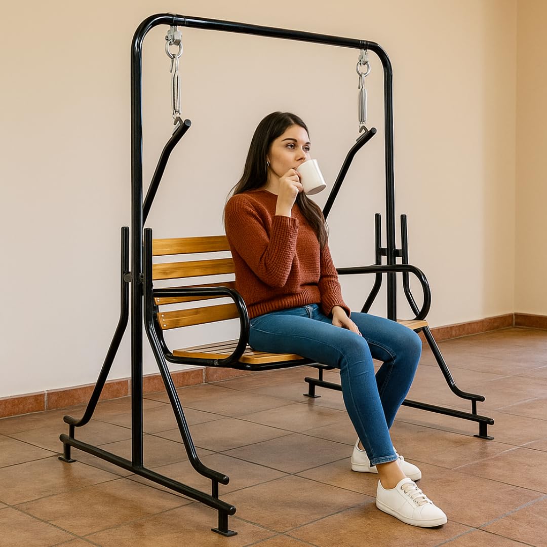 Vachheta Naresh 2-Seater Indoor & Outdoor Swing - Natural Wooden Polished (50kg) | Upper Pipe Swing Jhula for Home and Blacony with Sturdy Stand | Strong 300 Kg Capacity Heavy Metal Swing