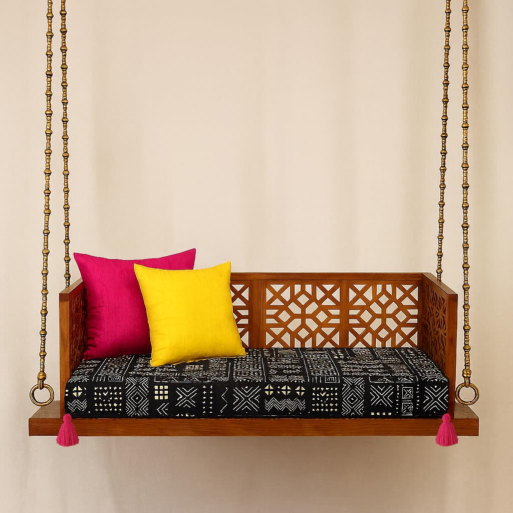 Black Tribal Wooden Swing Seat Cover with Corner Tassels | 6 Ft Indian Jhoola Bench Cover for Indoor Outdoor Swing | Solid Wood Swing Sofa Cover for Courtyard, Verandah, Balcony, Living Room Decor