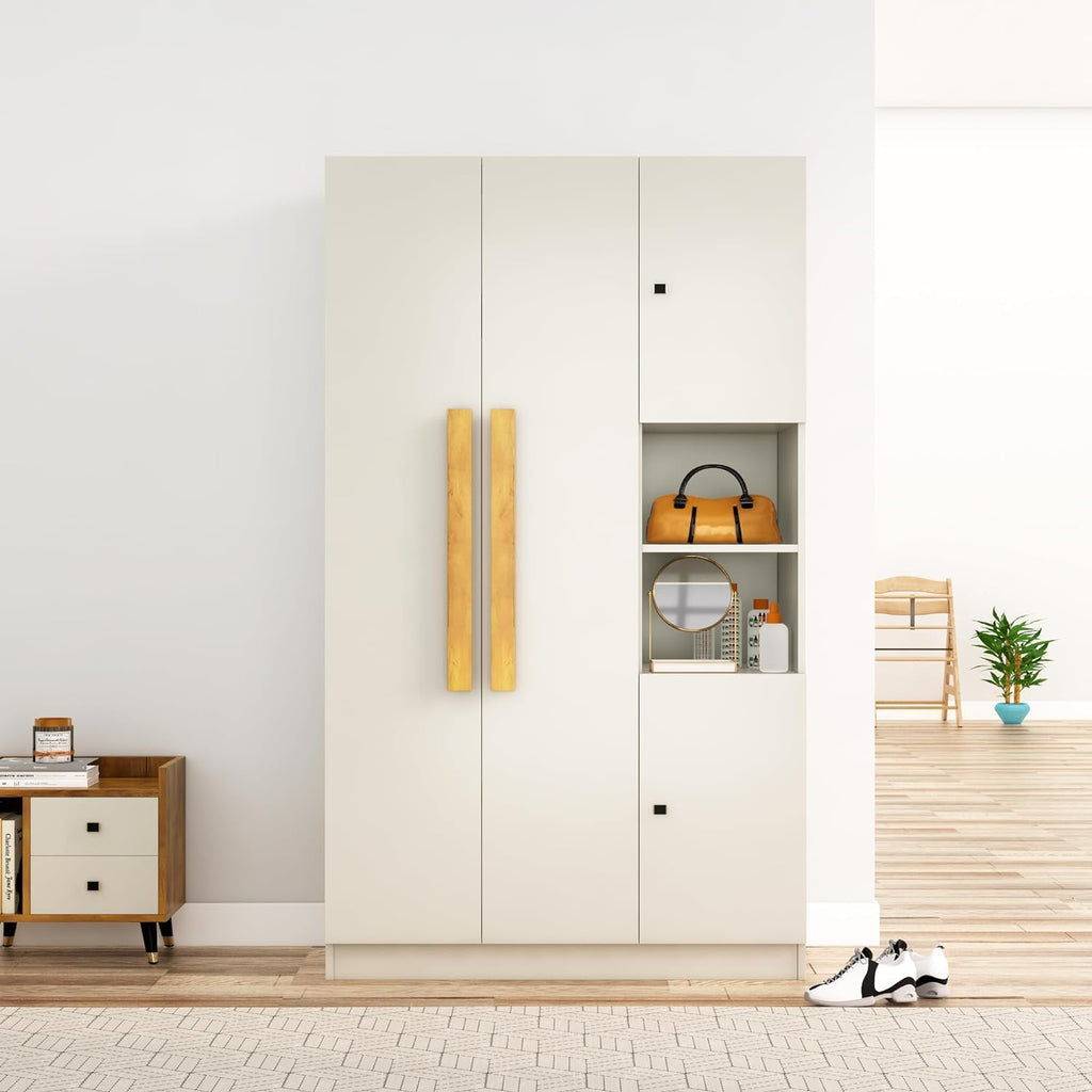 Bniture Wooden Almirah for Clothes, Door for Bedroom, 4 Door Wardrobe with Hanging Space (50D x 105W x 180H CM) |3 Year Warranty (Frosty White)