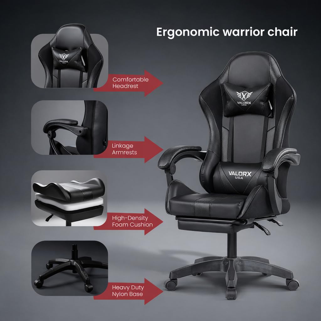 Warrior 2026 Edition Gaming & Office Ergonomic Chair | Vegan Leather | High Back 135° Recliner | Adjustable Height & Linkage Armrest | Lumbar Support | 360° Swivel | 3 Year Warranty, Black