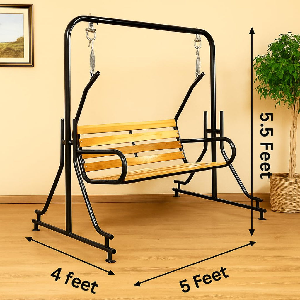 Vachheta Naresh 2-Seater Indoor & Outdoor Swing - Natural Wooden Polished (50kg) | Upper Pipe Swing Jhula for Home and Blacony with Sturdy Stand | Strong 300 Kg Capacity Heavy Metal Swing