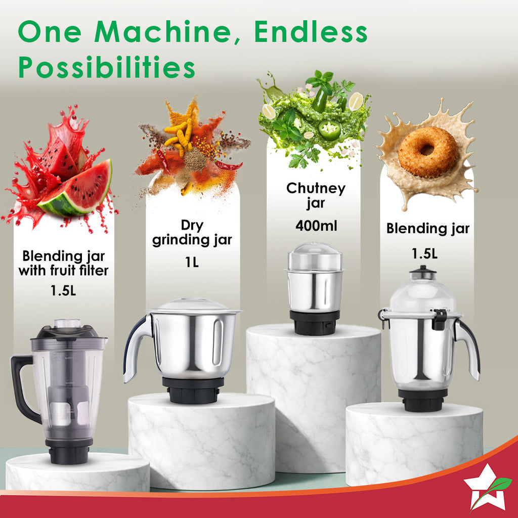 Cube 1000W Mixer Grinder, 4 Jars with Flow Breakers, Special Coarse Blade for Silbatta-style Khada Masala Grinding, Ideal for Grinding, Blending Chutney, Idli/Dosa Batter, 2-Yr Warranty