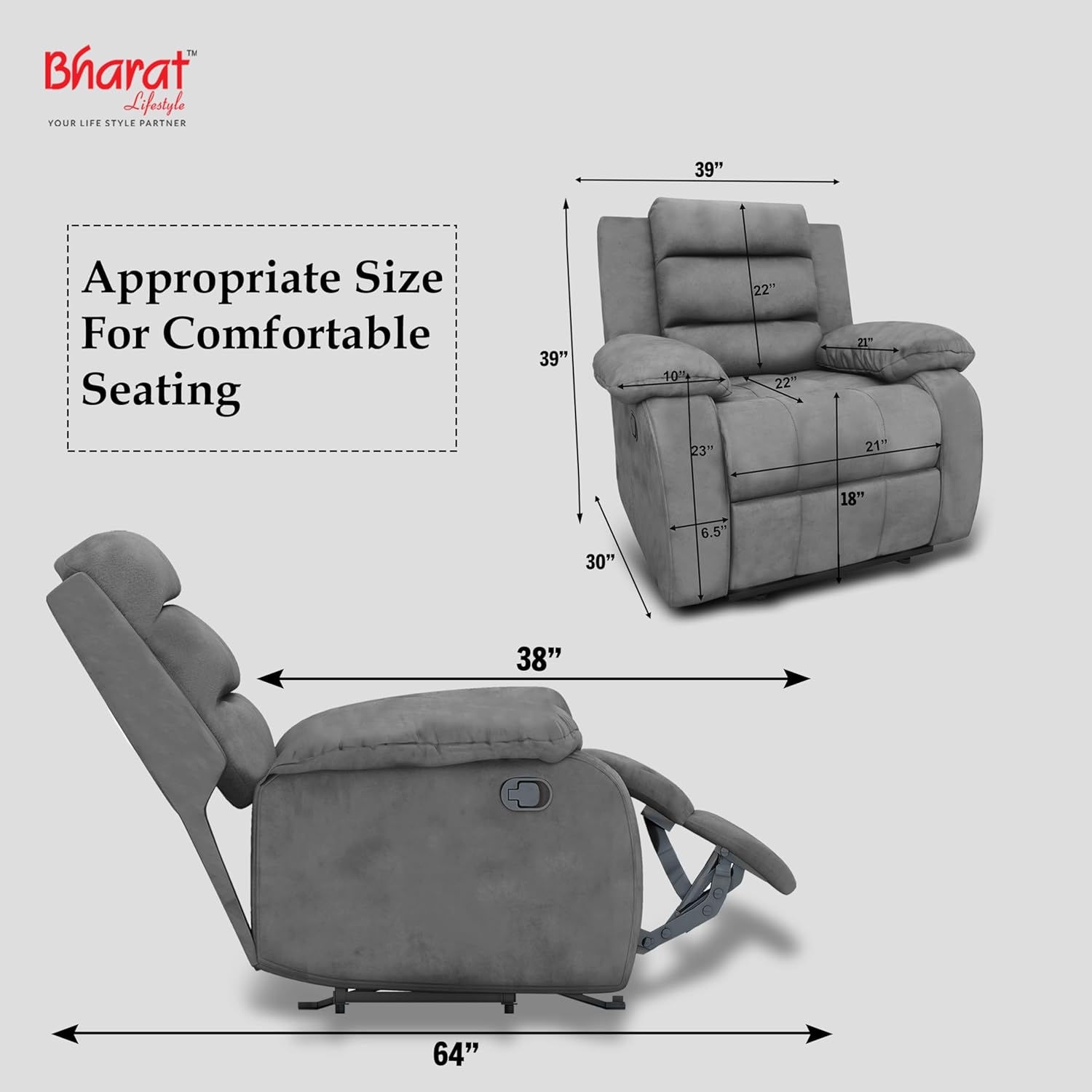 Bharat Lifestyle Austin Manual Recliner | 1 Seater Chair Sofa | Single Sofa Recliner| 3 Comfort Position | Wooden Frame | Suede Fabric | 1 Seater Recliner for Living Room Bedroom,1 Year Warranty, Grey