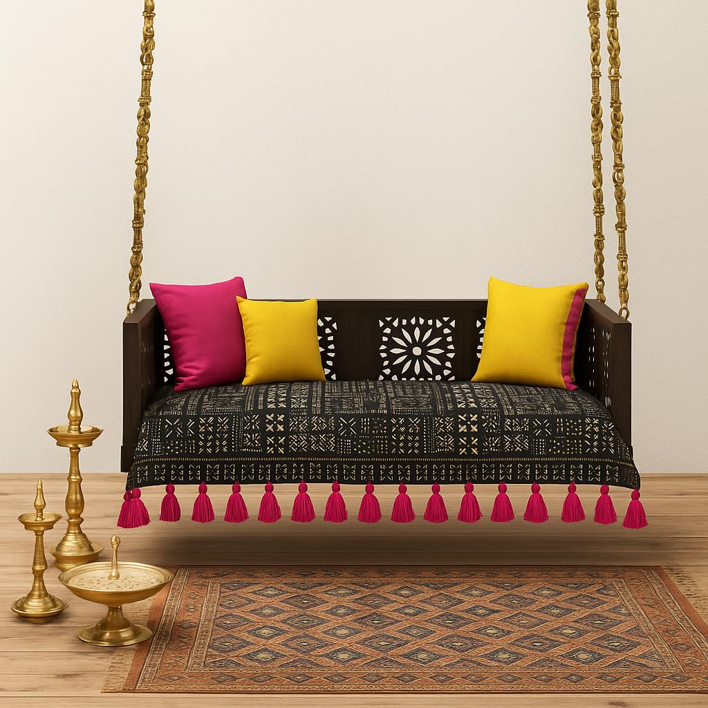 Black Tribal Wooden Swing Seat Cover with Tassels | 4 Ft Indian Jhoola Bench Cover for Indoor Outdoor Swing | Solid Wood Swing Jhula Cover for Courtyard, Verandah, Balcony, Living Room Decor