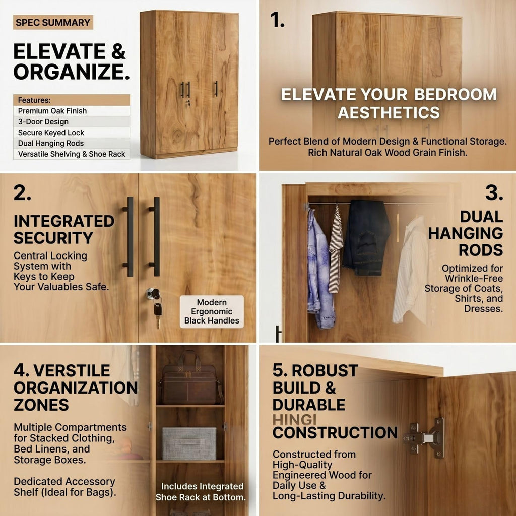 FFO Kavisto 3 Door Wardrobe for Bedroom with Shelves, Hanging Space & Lock, Wooden Clothes Organizer Almirah for Home, Office & Kids Room DIY.