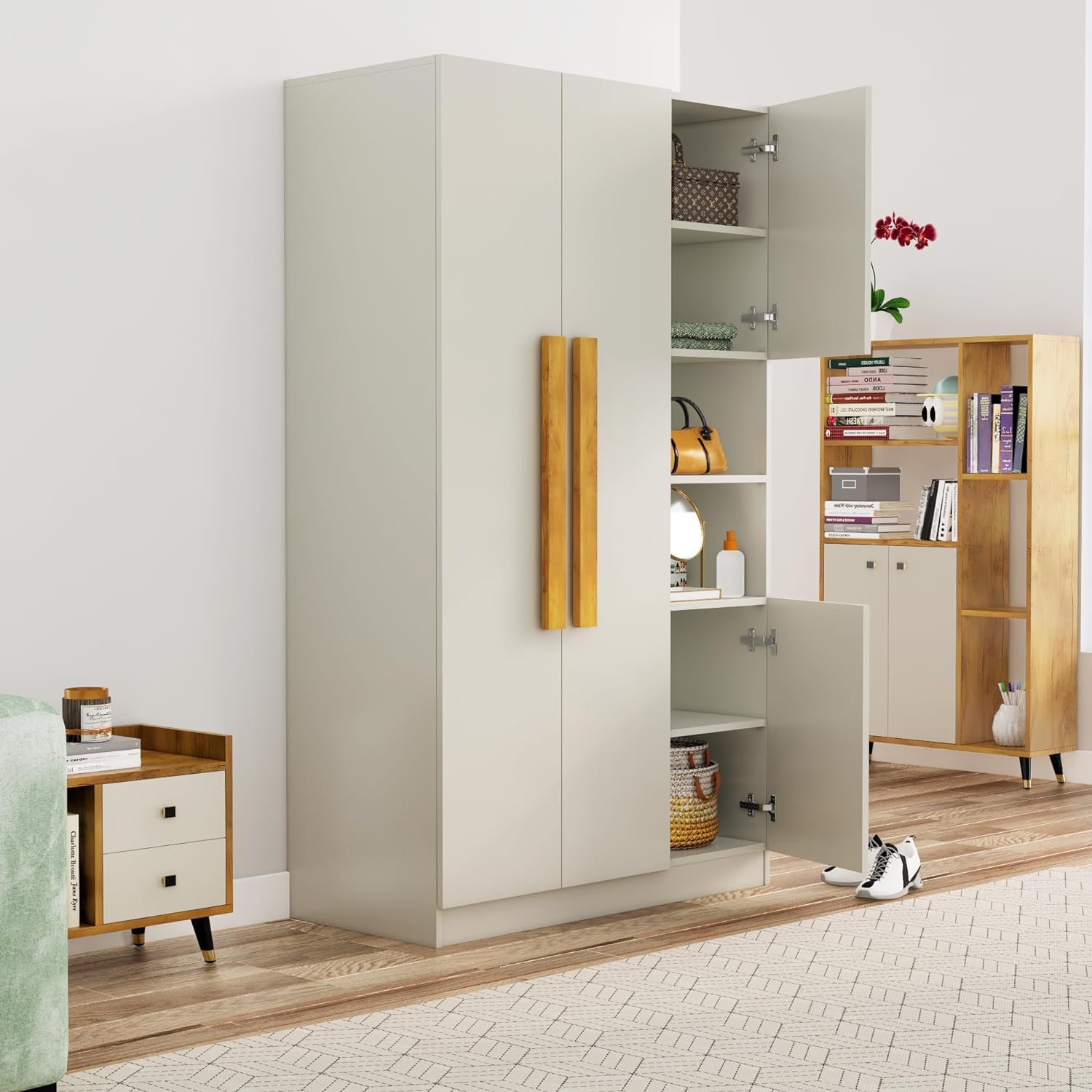 Bniture Wooden Almirah for Clothes, Door for Bedroom, 4 Door Wardrobe with Hanging Space (50D x 105W x 180H CM) |3 Year Warranty (Frosty White)