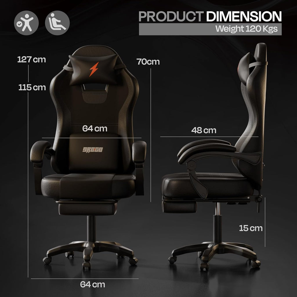 DROGO Aura Ergonomic Gaming Chair with Premium PU Leather Fabric, Linkage Armrest, Adjustable Neck & Lumbar Pillow | Computer Chair for Study | Office Chairs for Work from Home with Recline (Black)