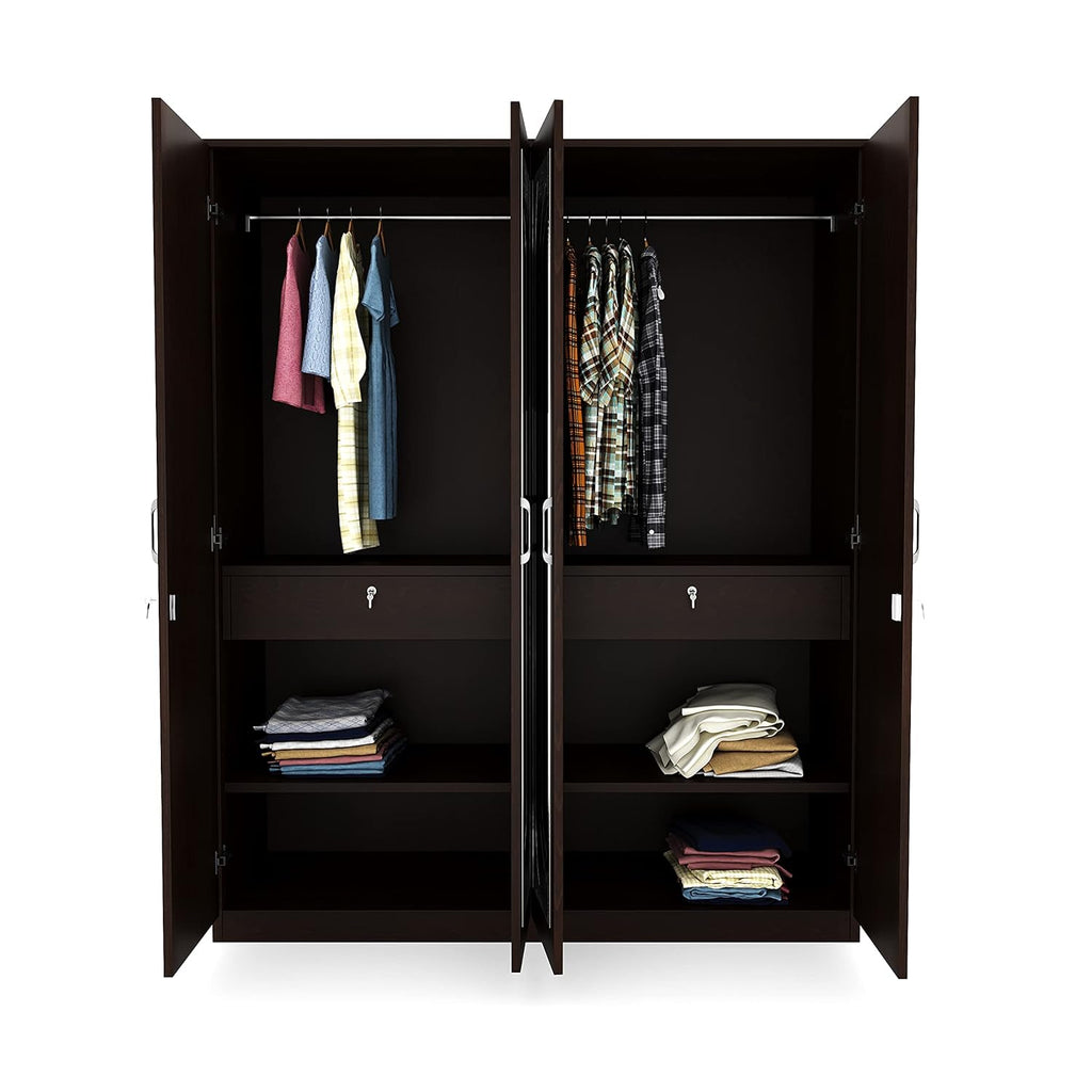 Nilkamal Riva 4 Door Wooden Wardrobe With Mirror for Bedroom | Almirah with 2 Hanging Rods, 6 Shelves, 2 Lockable Drawers | Clothes Cupboard | Engineered Wood | New Wenge