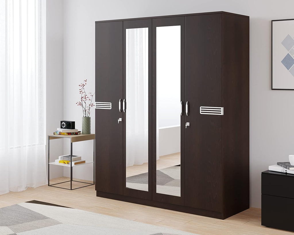 Nilkamal Riva 4 Door Wooden Wardrobe With Mirror for Bedroom | Almirah with 2 Hanging Rods, 6 Shelves, 2 Lockable Drawers | Clothes Cupboard | Engineered Wood | New Wenge