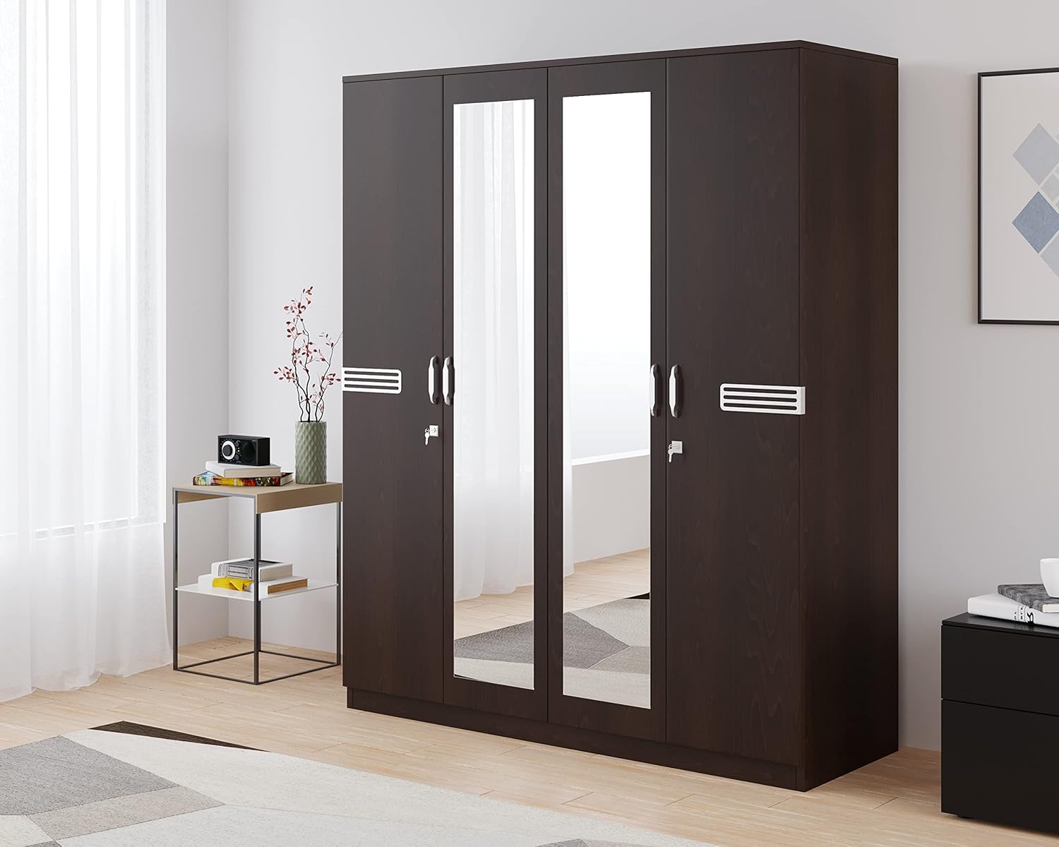 Nilkamal Riva 4 Door Wooden Wardrobe With Mirror for Bedroom | Almirah with 2 Hanging Rods, 6 Shelves, 2 Lockable Drawers | Clothes Cupboard | Engineered Wood | New Wenge