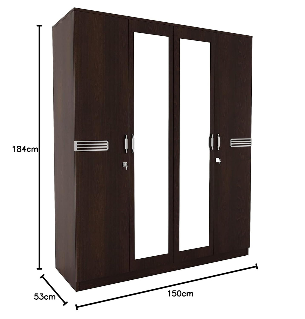 Nilkamal Riva 4 Door Wooden Wardrobe With Mirror for Bedroom | Almirah with 2 Hanging Rods, 6 Shelves, 2 Lockable Drawers | Clothes Cupboard | Engineered Wood | New Wenge