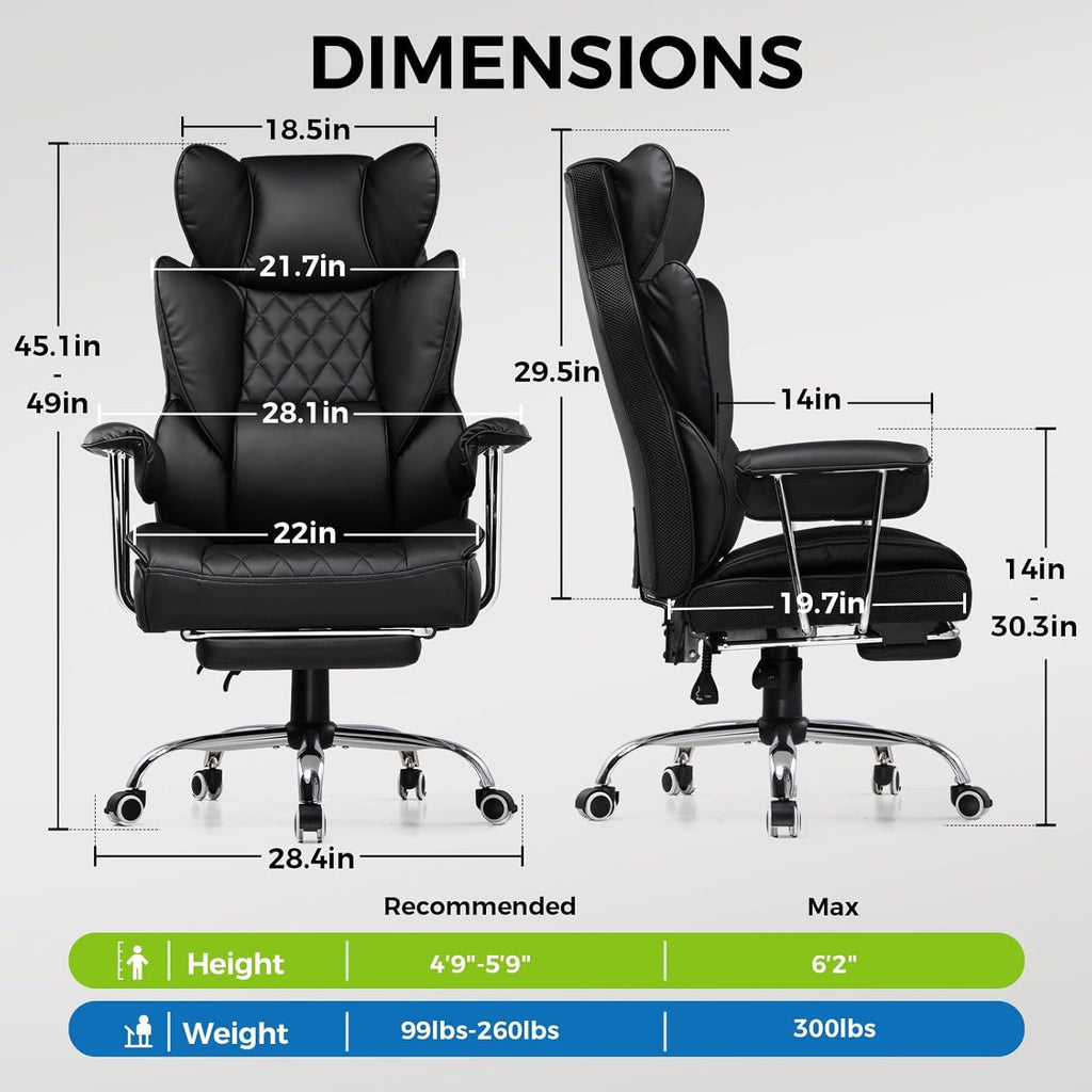 GTPLAYER Big and Tall Office Chair, High Back PU Leather Gaming Chair with Footrest, Executive Ergonomic Office Chair with Pocket Spring Lumbar Support and with Outward Fixed Soft Armrests (Black)