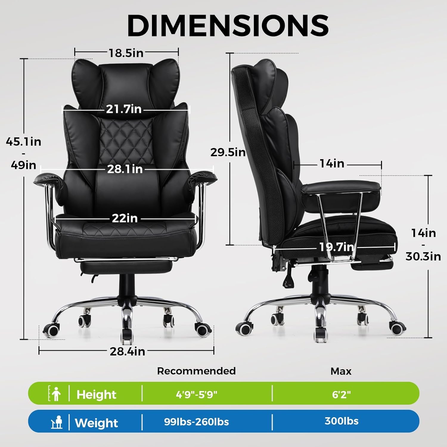 GTPLAYER Big and Tall Office Chair, High Back PU Leather Gaming Chair with Footrest, Executive Ergonomic Office Chair with Pocket Spring Lumbar Support and with Outward Fixed Soft Armrests (Black)