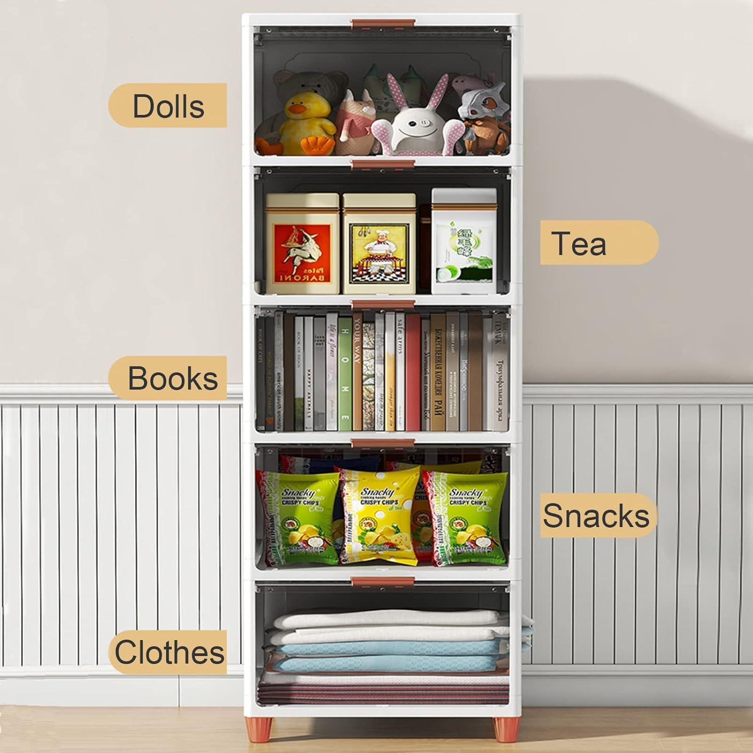 JD FRESH 4 Tier Foldable Plastic Cloth Rack for Storage/Kitchen Cupboard/Versatile and Sturdy Wardrobe for Clothes/Storage Organizer/Closet for Bedroom/Living Room/Laundry Room/Study (Transparent)