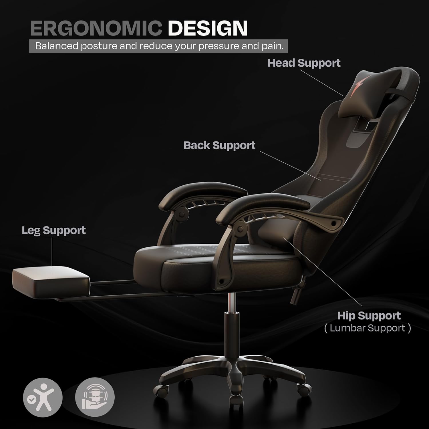 DROGO Aura Ergonomic Gaming Chair with Premium PU Leather Fabric, Linkage Armrest, Adjustable Neck & Lumbar Pillow | Computer Chair for Study | Office Chairs for Work from Home with Recline (Black)