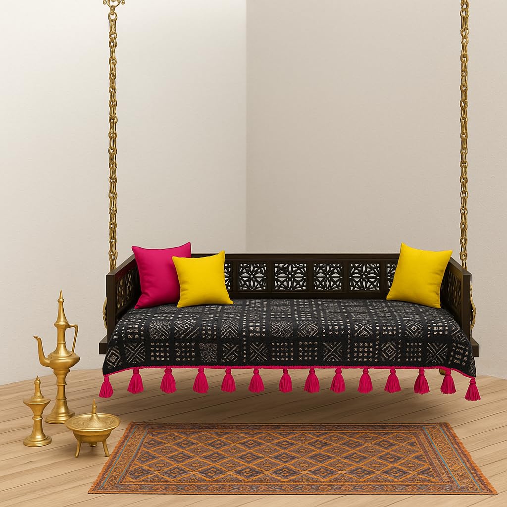 Black Tribal Wooden Swing Seat Cover with Tassels | 4 Ft Indian Jhoola Bench Cover for Indoor Outdoor Swing | Solid Wood Swing Jhula Cover for Courtyard, Verandah, Balcony, Living Room Decor