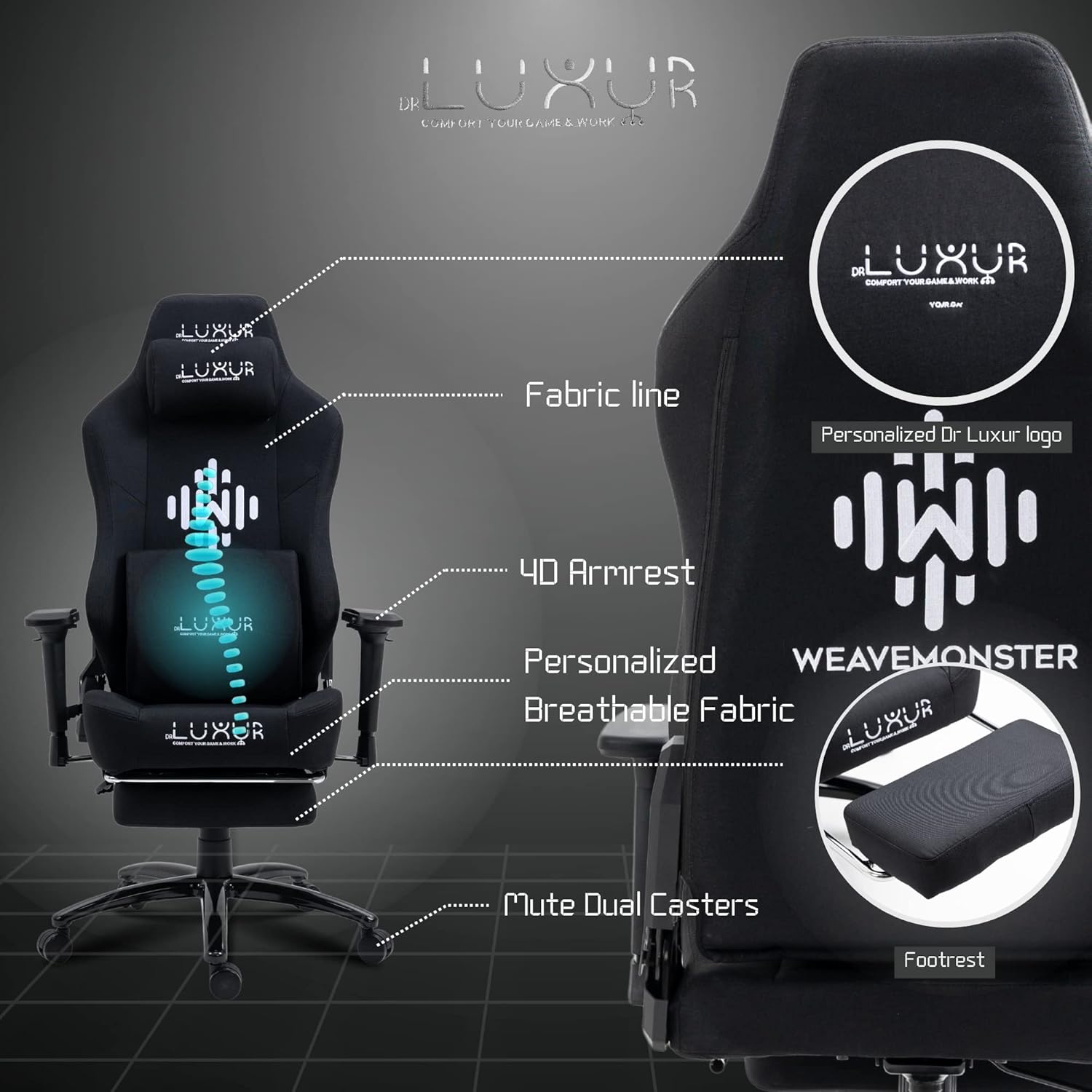 Dr Luxur® 2026 Edition Weavemonster Ergonomic Gaming Chair | Chair For Office Work | Honeycombed Fabric | Magnetic Neck Pillow | Portable Lumbar Pillow | Footrest | 4D Armrest with 180 Recline (Black)