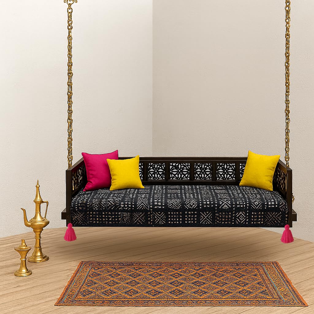 Black Tribal Wooden Swing Seat Cover with Corner Tassels | 6 Ft Indian Jhoola Bench Cover for Indoor Outdoor Swing | Solid Wood Swing Sofa Cover for Courtyard, Verandah, Balcony, Living Room Decor
