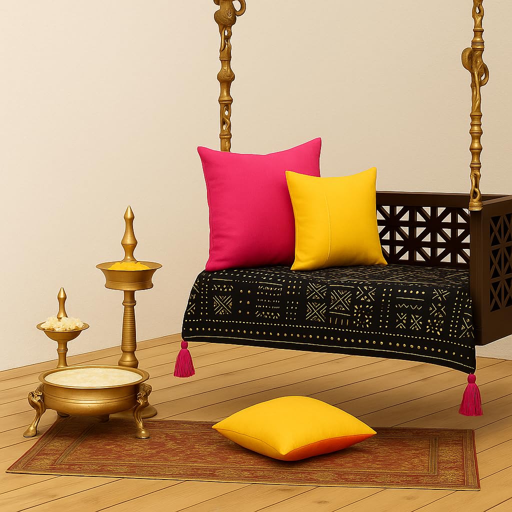 Black Tribal Wooden Swing Seat Cover with Corner Tassels | 6 Ft Indian Jhoola Bench Cover for Indoor Outdoor Swing | Solid Wood Swing Sofa Cover for Courtyard, Verandah, Balcony, Living Room Decor