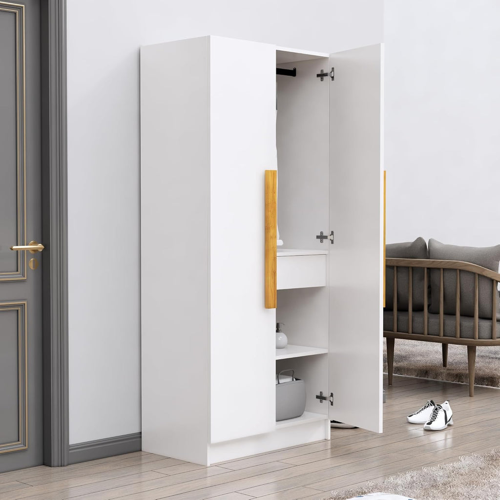 Bniture 2 Door Wooden Wardrobe for Bedroom | Almirah for Clothes with 4 Shelves, Engineered Wood Wardrobe for Clothes | Cupboard for Bedroom (46D x 80W x 182H CM) | 3 Years Warranty (Frosty White)