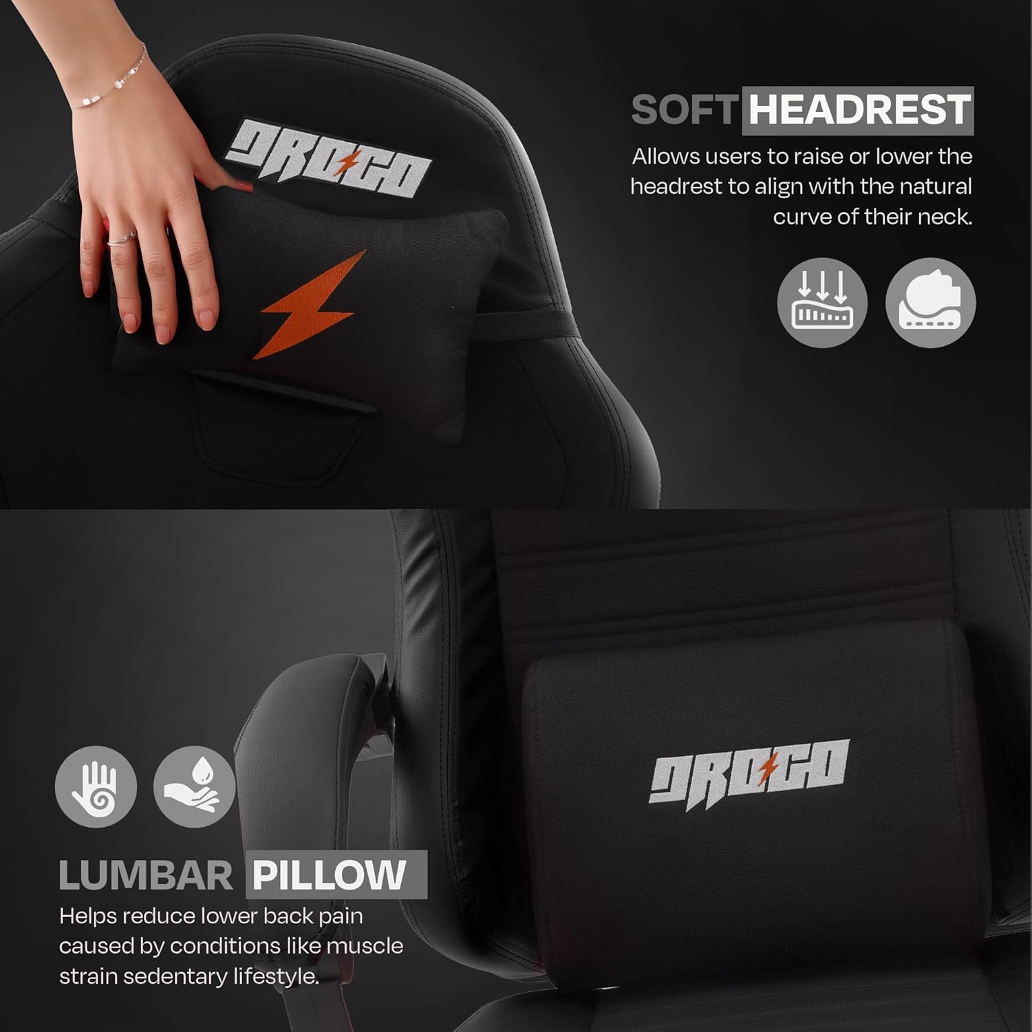 DROGO Aura Ergonomic Gaming Chair with Premium PU Leather Fabric, Linkage Armrest, Adjustable Neck & Lumbar Pillow | Computer Chair for Study | Office Chairs for Work from Home with Recline (Black)