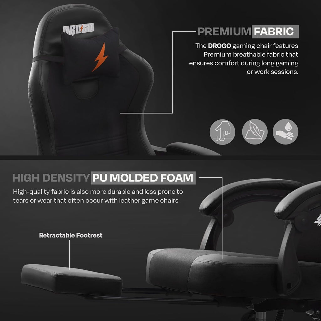 DROGO Aura Ergonomic Gaming Chair with Premium PU Leather Fabric, Linkage Armrest, Adjustable Neck & Lumbar Pillow | Computer Chair for Study | Office Chairs for Work from Home with Recline (Black)